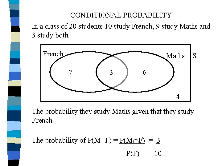 CONDITIONAL PROBABILITY In a class of 20 students 10 study French, 9 study Maths CONDITIONAL PROBABILITY In a class of 20 students 10 study French, 9 study Maths