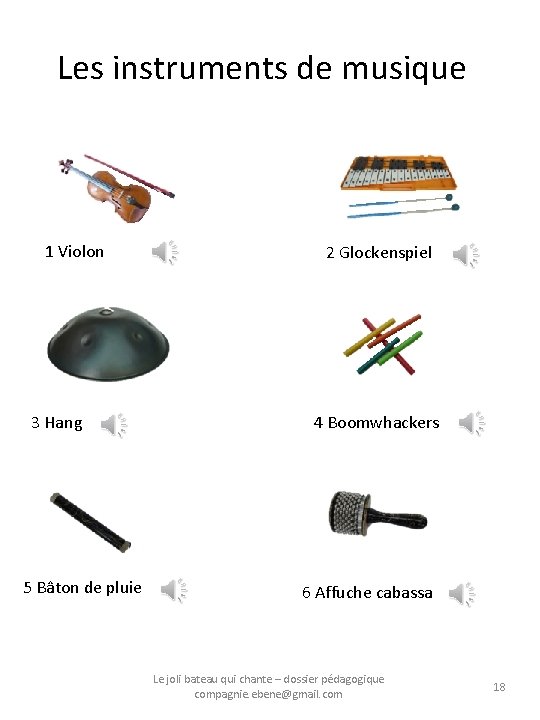Les instruments de musique 1 Violon 3 Hang 5 Bâton de pluie 2 Glockenspiel