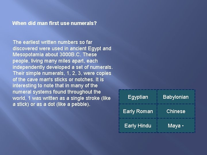 When did man first use numerals? The earliest written numbers so far discovered were