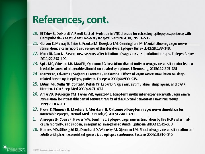 References, cont. 20. El Tahry R, De Herdt V, Raedt R, et al. Evolution