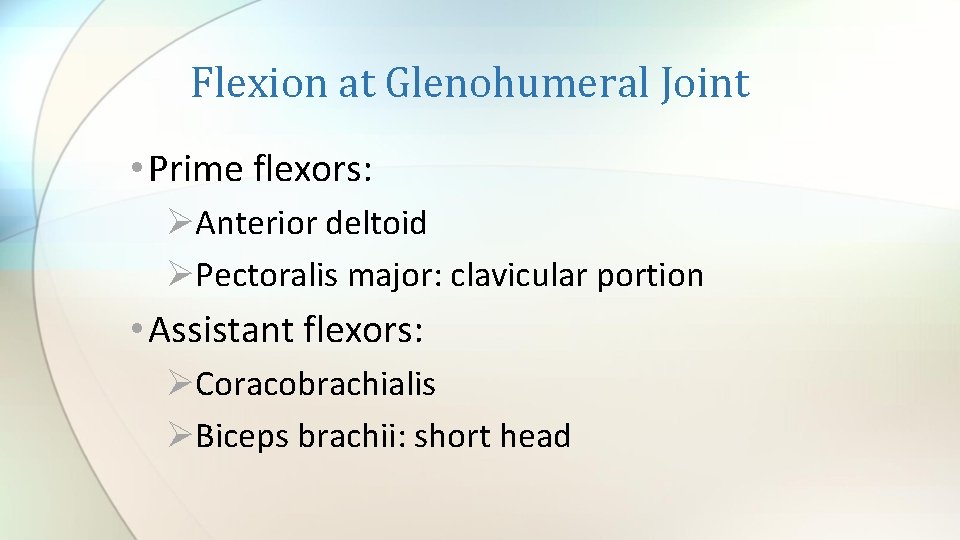 Flexion at Glenohumeral Joint • Prime flexors: ØAnterior deltoid ØPectoralis major: clavicular portion •