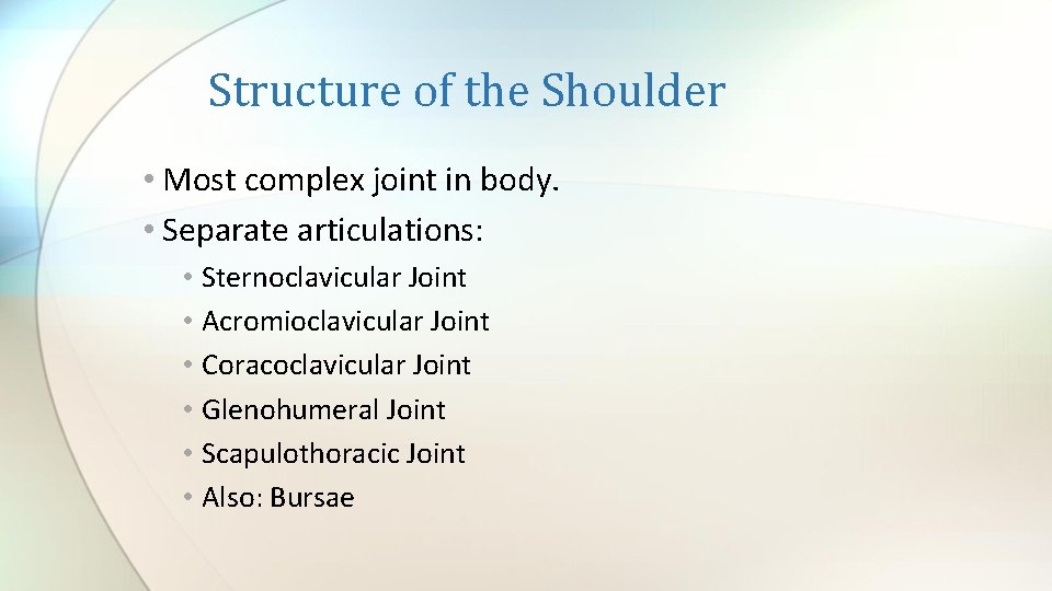 Structure of the Shoulder • Most complex joint in body. • Separate articulations: •