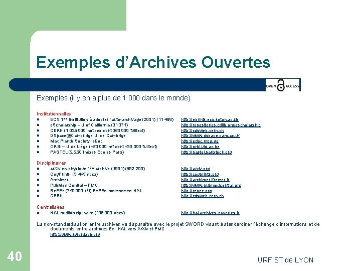 Exemples d’Archives Ouvertes Exemples (il y en a plus de 1 000 dans le