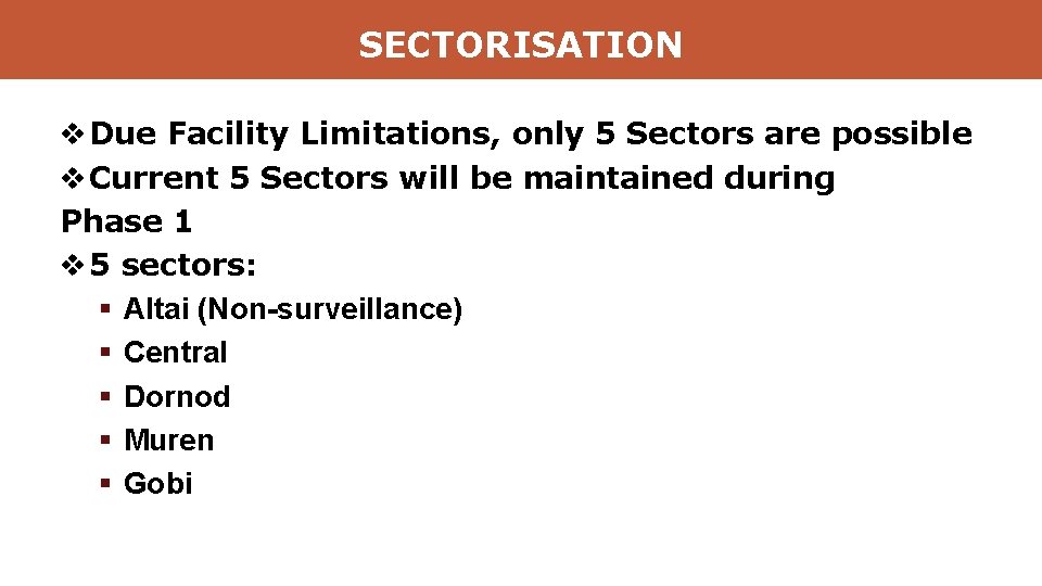 SECTORISATION v Due Facility Limitations, only 5 Sectors are possible v Current 5 Sectors