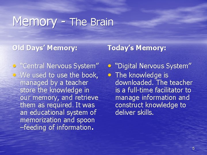 Memory - The Brain Old Days’ Memory: Today’s Memory: • “Central Nervous System” •