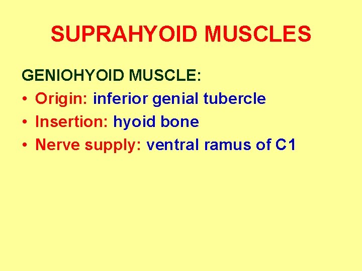 SUPRAHYOID MUSCLES GENIOHYOID MUSCLE: • Origin: inferior genial tubercle • Insertion: hyoid bone •