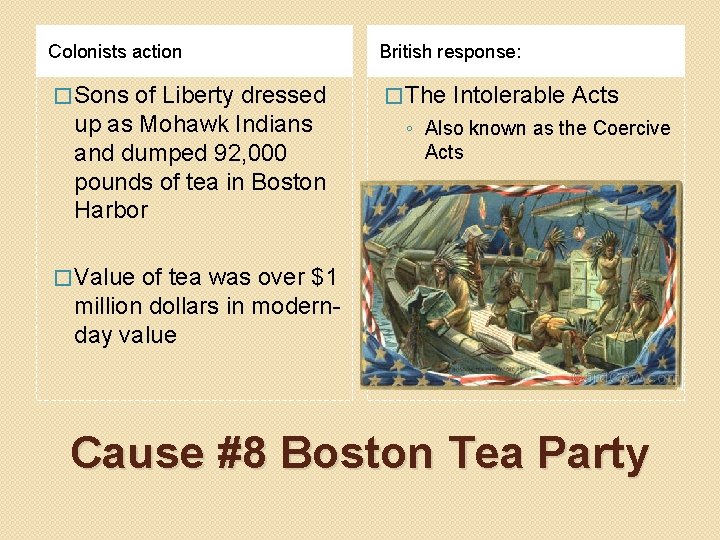 Colonists action British response: � Sons � The of Liberty dressed up as Mohawk