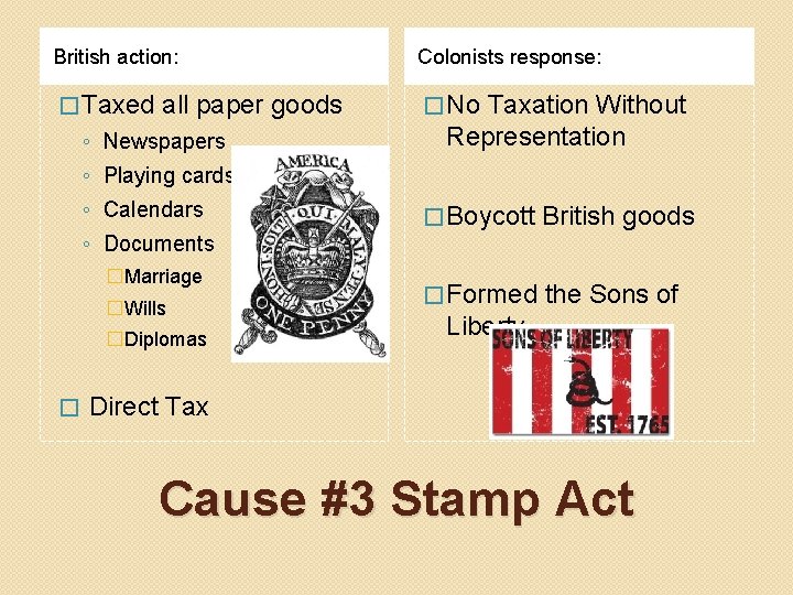 British action: Colonists response: � Taxed � No all paper goods ◦ Newspapers Taxation