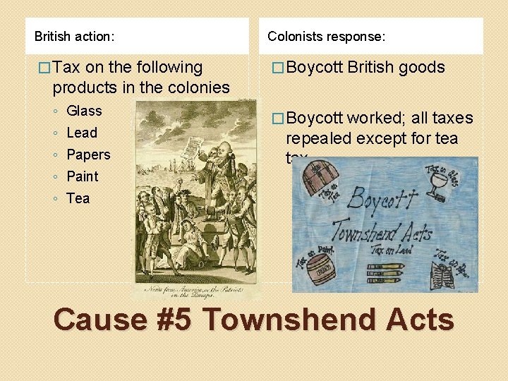 British action: Colonists response: � Tax on the following products in the colonies �