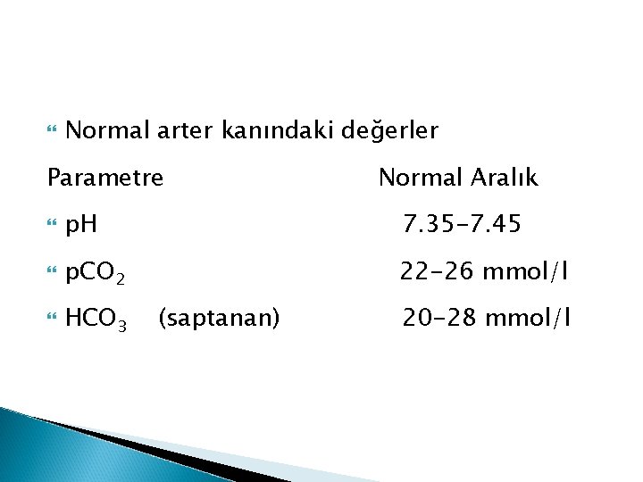  Normal arter kanındaki değerler Parametre Normal Aralık p. H 7. 35 -7. 45