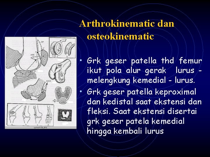 Arthrokinematic dan osteokinematic • Grk geser patella thd femur ikut pola alur gerak lurus