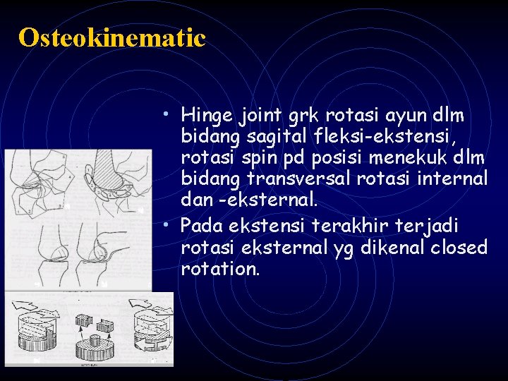 Osteokinematic • Hinge joint grk rotasi ayun dlm bidang sagital fleksi-ekstensi, rotasi spin pd