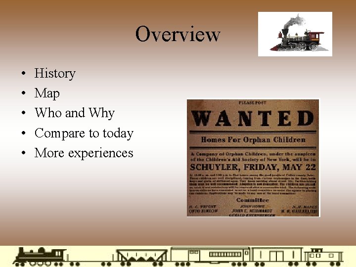 Overview • • • History Map Who and Why Compare to today More experiences