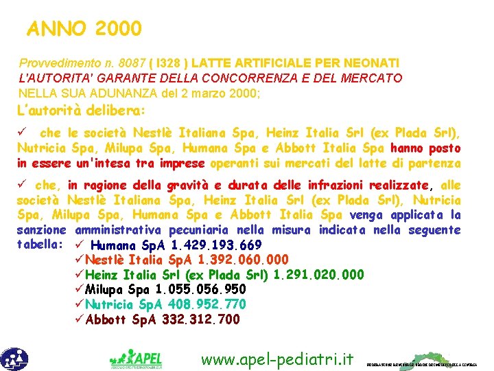 ANNO 2000 Provvedimento n. 8087 ( I 328 ) LATTE ARTIFICIALE PER NEONATI L'AUTORITA'