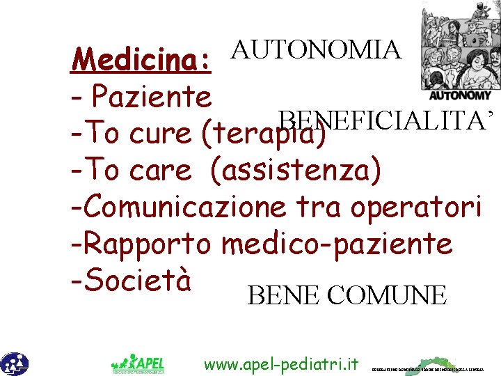 Medicina: AUTONOMIA - Paziente BENEFICIALITA’ -To cure (terapia) -To care (assistenza) -Comunicazione tra operatori