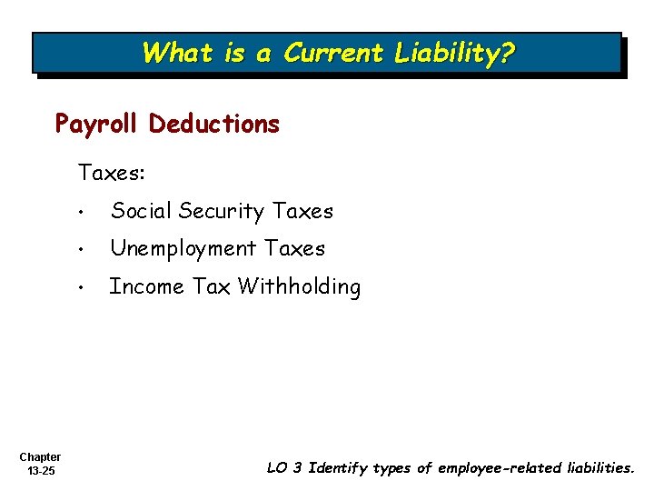 What is a Current Liability? Payroll Deductions Taxes: Chapter 13 -25 • Social Security