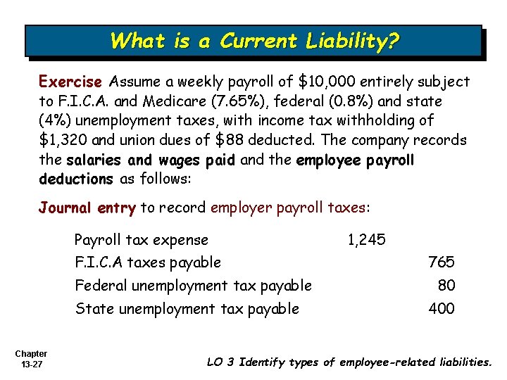 What is a Current Liability? Exercise Assume a weekly payroll of $10, 000 entirely