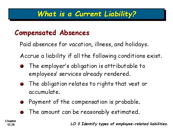 What is a Current Liability? Compensated Absences Paid absences for vacation, illness, and holidays.