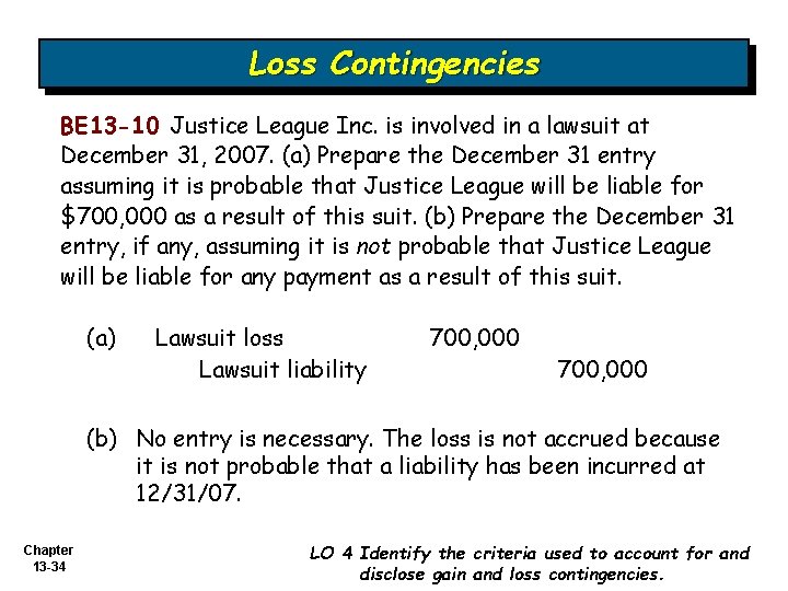 Loss Contingencies BE 13 -10 Justice League Inc. is involved in a lawsuit at