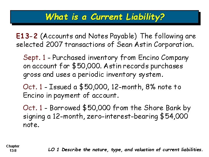 What is a Current Liability? E 13 -2 (Accounts and Notes Payable) The following