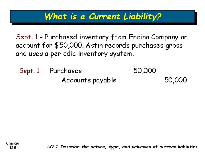 What is a Current Liability? Sept. 1 - Purchased inventory from Encino Company on