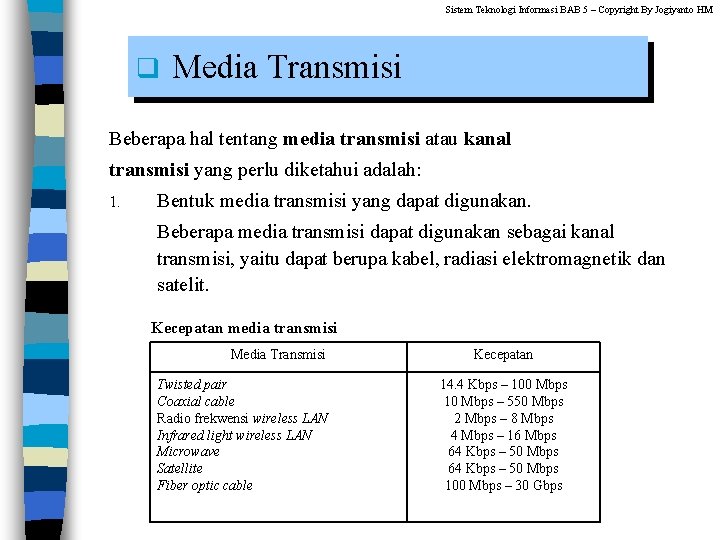 Sistem Teknologi Informasi BAB 5 – Copyright By Jogiyanto HM q Media Transmisi Beberapa