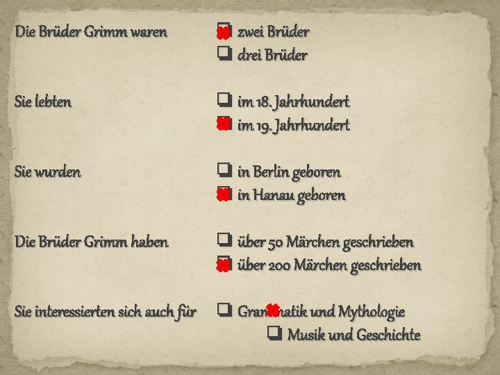 Die Brüder Grimm waren ❏ zwei Brüder ❏ drei Brüder Sie lebten ❏ im