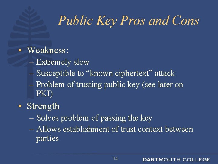 Public Key Pros and Cons • Weakness: – Extremely slow – Susceptible to “known