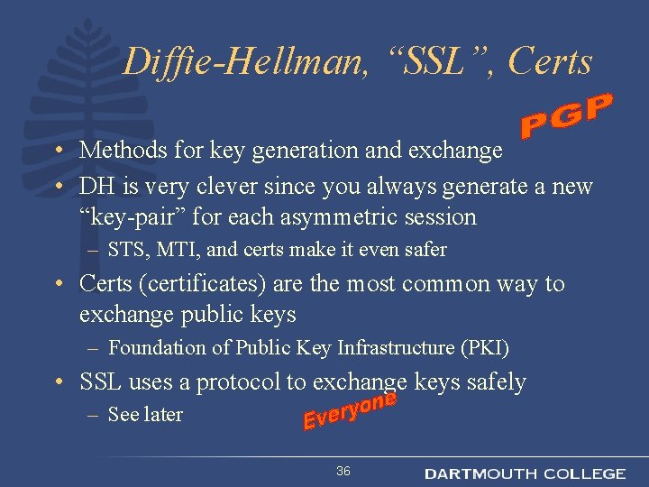 Diffie-Hellman, “SSL”, Certs • Methods for key generation and exchange • DH is very