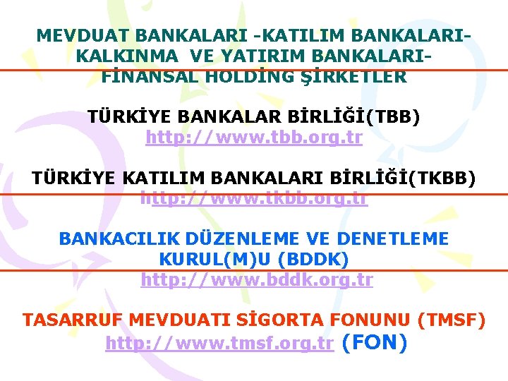 MEVDUAT BANKALARI -KATILIM BANKALARIKALKINMA VE YATIRIM BANKALARIFİNANSAL HOLDİNG ŞİRKETLER TÜRKİYE BANKALAR BİRLİĞİ(TBB) http: //www.