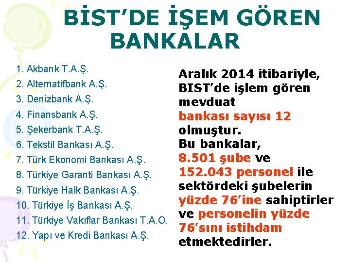 BİST’DE İŞEM GÖREN BANKALAR 1. Akbank T. A. Ş. Aralık 2014 itibariyle, 2. Alternatifbank