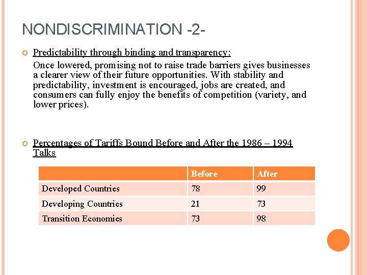 NONDISCRIMINATION -2 Predictability through binding and transparency: Once lowered, promising not to raise trade