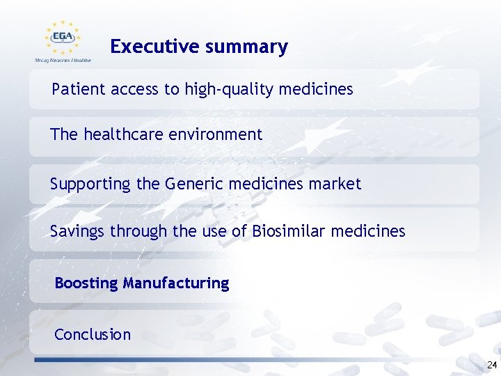 Executive summary Patient access to high-quality medicines The healthcare environment Supporting the Generic medicines