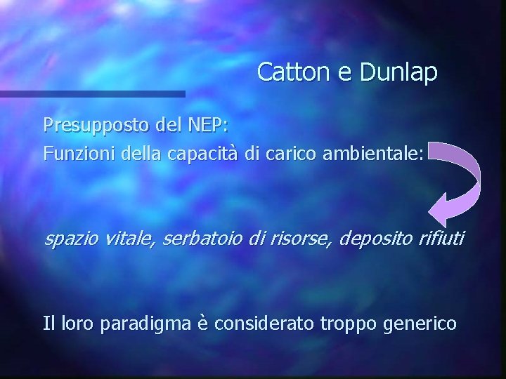 Catton e Dunlap Presupposto del NEP: Funzioni della capacità di carico ambientale: spazio vitale,