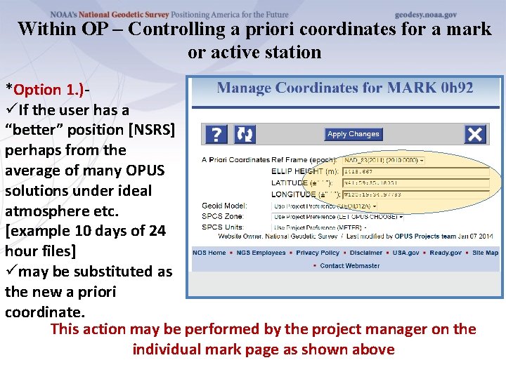 Within OP – Controlling a priori coordinates for a mark or active station *Option