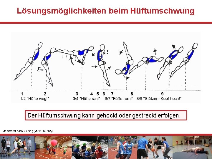 Lösungsmöglichkeiten beim Hüftumschwung Der Hüftumschwung kann gehockt oder gestreckt erfolgen. Modifiziert nach Gerling (2011,