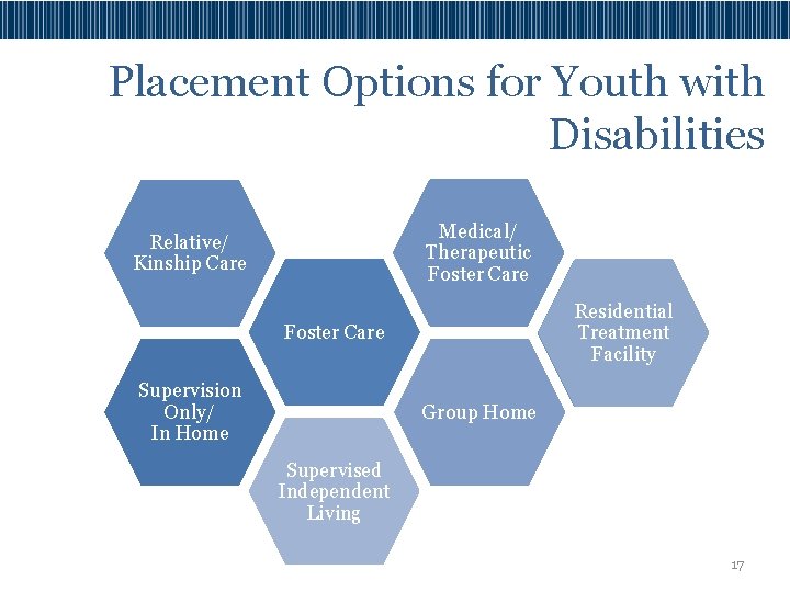 Placement Options for Youth with Disabilities Medical/ Therapeutic Foster Care Relative/ Kinship Care Residential