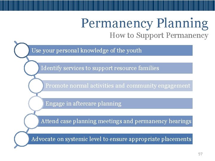 Permanency Planning How to Support Permanency Use your personal knowledge of the youth Identify