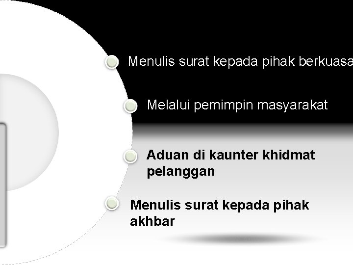 Menulis surat kepada pihak berkuasa Melalui pemimpin masyarakat Aduan di kaunter khidmat pelanggan Menulis