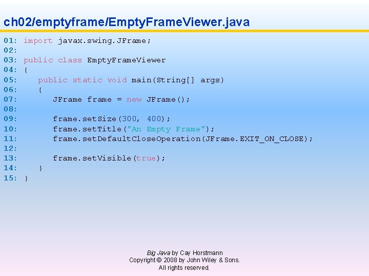 ch 02/emptyframe/Empty. Frame. Viewer. java 01: import javax. swing. JFrame; 02: 03: public class