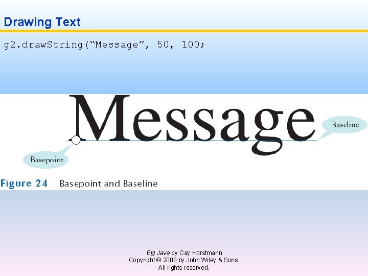  Drawing Text g 2. draw. String(“Message”, 50, 100; Big Java by Cay Horstmann