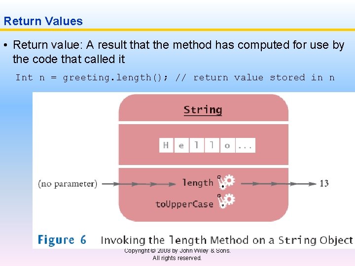 Return Values • Return value: A result that the method has computed for use