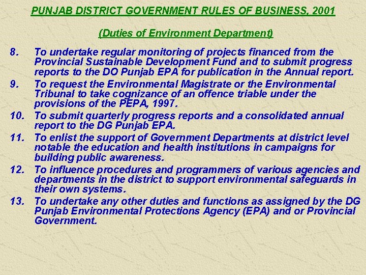 PUNJAB DISTRICT GOVERNMENT RULES OF BUSINESS, 2001 (Duties of Environment Department) 8. 9. 10.