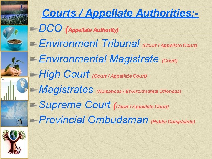 Courts / Appellate Authorities: DCO (Appellate Authority) Environment Tribunal (Court / Appellate Court) Environmental