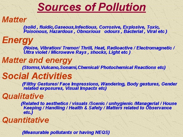 Sources of Pollution Matter (solid , fluidic, Gaseous, Infectious, Corrosive, Explosive, Toxic, Poisonous, Hazardous