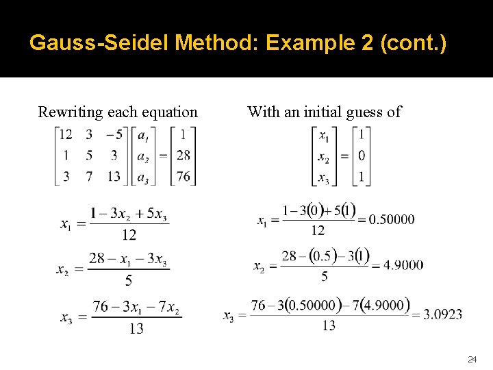 Gauss-Seidel Method: Example 2 (cont. ) Rewriting each equation With an initial guess of