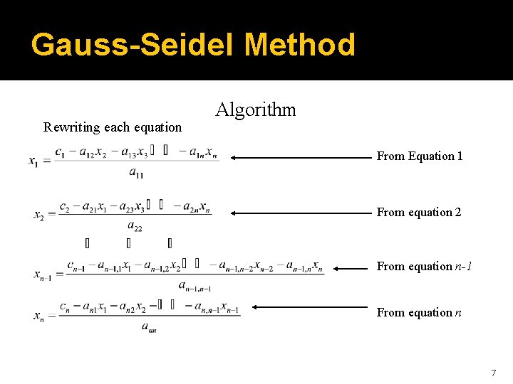 Gauss-Seidel Method Rewriting each equation Algorithm From Equation 1 From equation 2 From equation