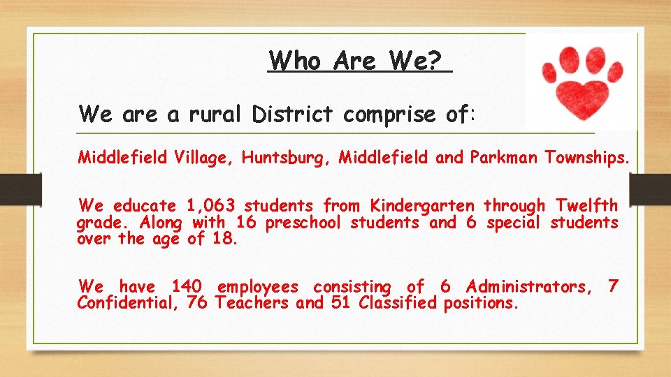 Who Are We? We are a rural District comprise of: Middlefield Village, Huntsburg, Middlefield