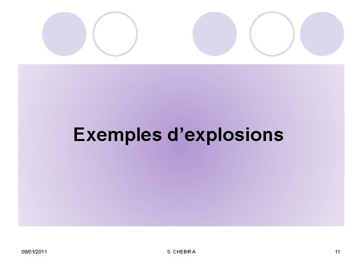 Exemples d’explosions 08/01/2011 S. CHEBIRA 11 