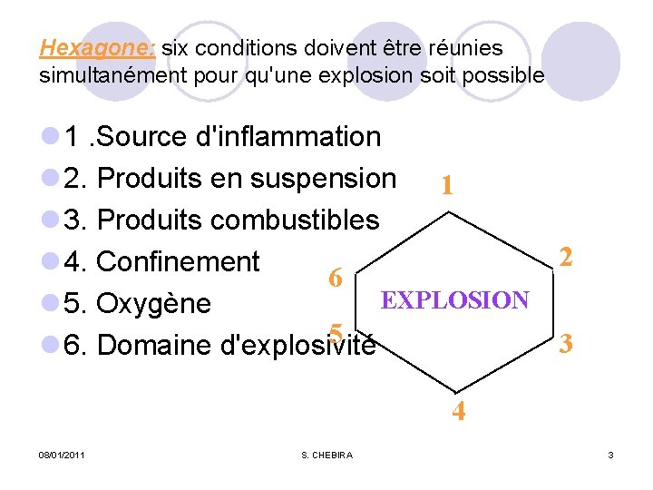 Hexagone: six conditions doivent être réunies simultanément pour qu'une explosion soit possible l 1.